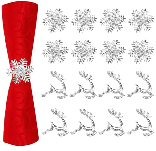 X-BLTU 16 servettringar, jul, renar, servettring, hållare, spännen, snöflinga servetthållare för bordsdekorationer, metall servettspännen för jul bröllop, skördefest