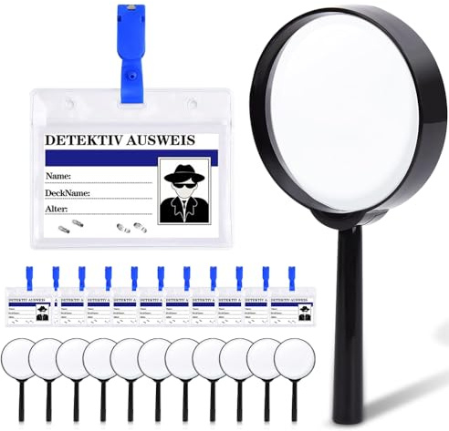 XPJBKC Lupe Detektiv, Detektiv Set Kindergeburtstag mit 12 Pcs Lupe und 12 Pcs Detektivausweis Ausweise mit Clip, Kinderlupe für Dedektivparty Geburtstag, Detektive Rollenspiel Zubehör
