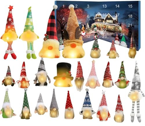 Calendrier de nain de Noël – Décoration de poupées naines de 24 jours – Décoration de gnome lumineux | Pour bureau, cheminée, étagère, entrée, arbre de Noël, adultes et enfants, vacances, fêtes
