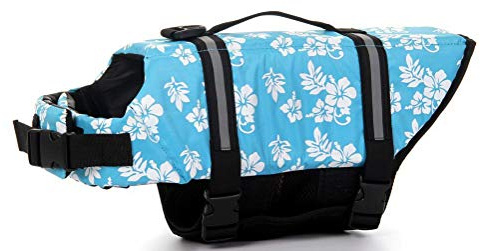 ChezAbbey Dog Life Jacket Adjustable Dog Lifevest Swimsuit Safety Vest Apparel Lifesaver Coat for Small Large Cats Puppy Kitty with Handle Reflective for Swimming and Boating Blue Flower S