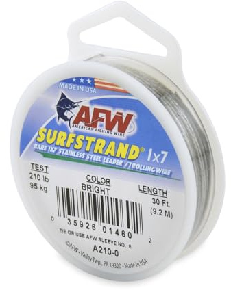 American Fishing Wire Surfstrand, Bare 1x7 Stainless Steel Leader Wire, 210 lb Test, 0.036 Diameter, Bright, 30 ft