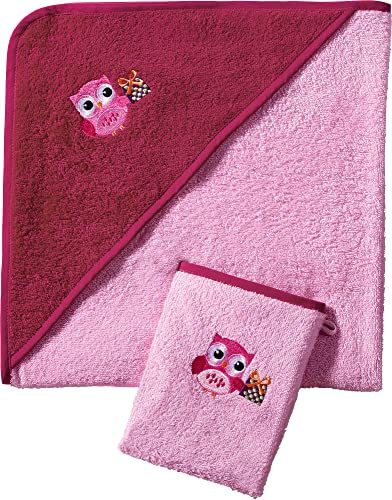 Erwin Müller Kinder Frottierset 2-TLG. Kapuzenbadetuch + Waschhandschuh Eule rosa Größe 100x100 cm + 15x21 cm - saugstark, langlebig, angenehm weich