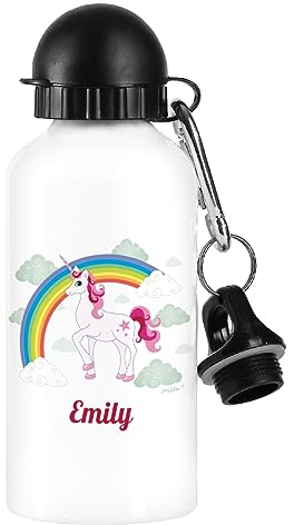 Striefchen® Trinkflasche für Kinder mit Einhorn und Wunschnamen 500 ml BPA frei Aluminium Weiß