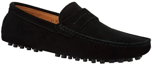 JIONS Men's Driving Penny Loafers Suede Driver Moccasins Slip On Flats Boat Shoes Dress Slip-ons A- Black 10 D(M) US/EU 44