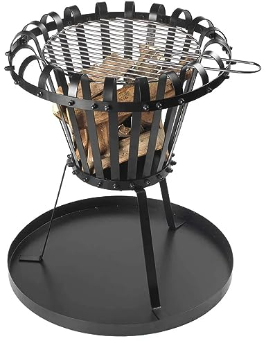 Perel Brasero, avec Grille chromé, bac à Cendres, Rond, 53.5 x Ø 50 cm, métal revêtu, Noir