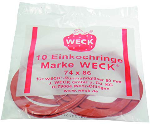 Weck 6446 Gummiringe 74 x 86; Hochwertige Dichtungsringe; geeignet für Weck Rundrandgläser 100; zum Verschließen während dem Einkochen / Einwecken; 10 Stück, passend für Deckel Durchmesser 80mm, Rot