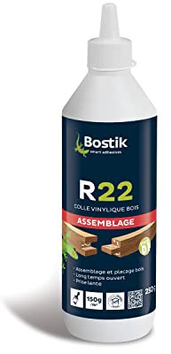Bostik Colle Vinylique Bois R22 – Prise Lente – Colle d'Assemblage et de Placage du Bois – D1 Menuiseries Intérieures – Meubles – Blanc – Biberon de 250 g
