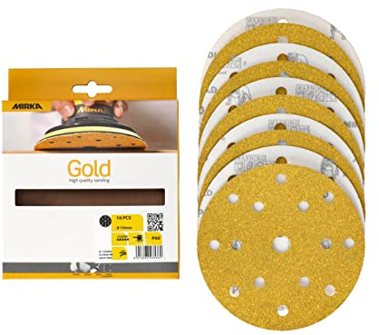 Mirka Gold Papier abrasif universel Ø 150mm Disques abrasifs autoagrippant 15 trous, grain P60, 10 pces/Pour poncer le plâtre, le mastic, les panneaux de particules, le bois, la peinture
