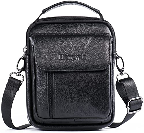 hengwin Leder Schultertaschen Herren, Kleine Umhängetasche Männer Business-Tasche Messenger Bag Handgelenktasche Handytasche Gürteltasche Reisetasche mit Gürtel Schleife (Schwarz)