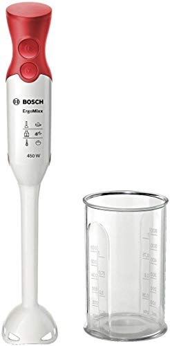 Bosch Frullatore a Immersione MSM64010, 450 W, Impugnatura Ergonomica, Lama a 4 Ali Anti Schizzi, 2 Livelli di Velocità, Bicchiere Graduato Incluso, Bianco, Rosso