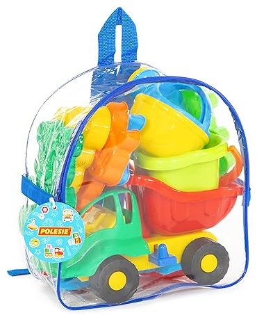 Polesie 4566 Set im Rucksack mit LKW Ameise, Eimer Blume mittel, Schaufel, Rechen, 5 Foermchen, Giesskanne, farblich sortiert