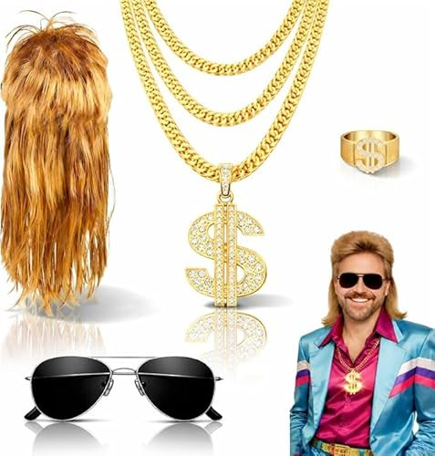 TK Gruppe Timo Klingler 4 in 1 Vokuhila Set mit Assi Perücke, Goldkette, Brille - für Fasching & Karneval für 80er 90er Kostüm