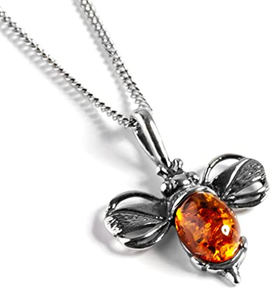 HENRYKA Bumble Bee Necklace Made of 925 Sterling Silver & Cognac Baltic Amber | Bee Pendant with 45 cm Chain & Gift Box | Nature Inspired Gift for Animal Lovers | Hypoallergenic Jewellery for Women