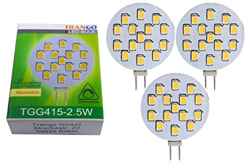 3 Pack regulable G4 LED 12 V AC/DC 2 W 24 SMD de color blanco cálido bombilla (tgg4 – 24) GU4 Recambio de halógeno