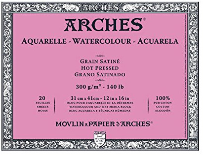Arches Blocco Per Acquerello Incollato 4 Lati (20 Fogli) - Grana Satinata - 300 G/Mq- 31 X 41 cm