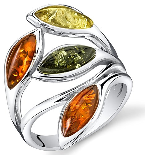 PEORA Genuine Baltic Amber Leaf Ring for Women 925 Sterling Silver, Rich Cognac, Olive Green, Honey Yellow Colors, Size 8, Real Baltic Amber Ring for Adults, 100% Natural from Baltic Region