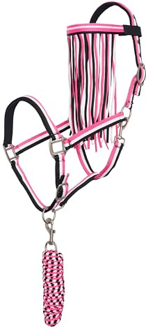 Imperial Riding Ensemble Licol avec Corde de Fixation et Franges à Mouches – Licol en Nylon Robuste avec Boucle, Fermeture et Crochet Snap, Confortable et Facile d'entretien, Rose Fluo, COB