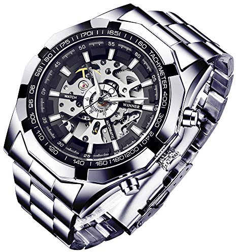 Gute Orologio da polso da uomo, meccanico, automatico, lancette luminose, scheletro, argento e nero, Argento, Cinturino