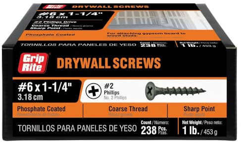 Grip-Rite Coarse Thread Drywall Screws - #2 Phillips Bugle Head - Sharp Point - for Attaching Drywall to Wood Studs - Phosphate Coated - 1 Lb Box - #6 X 1-1/4 Drywall Screws - 114CDWS1