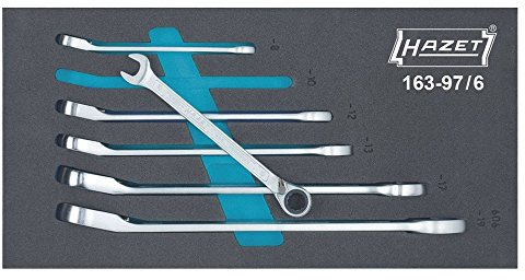 HAZET Knarren Ring-Maulschlüssel Satz 163-97/6 I 6-teilig I Kunststoff-Kasten mit Safety-Insert-System, Schlüsselweite: 8-19 I Umfangreiches Set