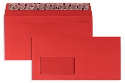 100 Stück, Farbige Briefumschläge, DIN C6/5, Haftklebung mit Abziehstreifen, Gerade Klappe, 120 g/qm Colorista, Mit Fenster, Rot, Blanke Briefhüllen