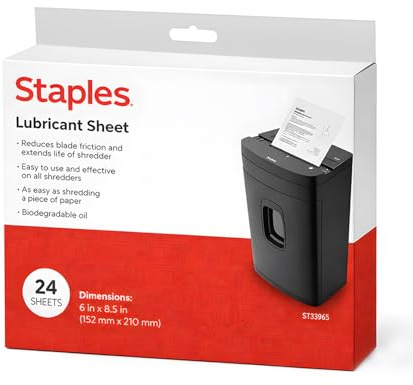 Staples Shredder Lubricant Lubricating Sheets, Reduces Friction & Noise, Keeps Blades Sharp, Pack of 24