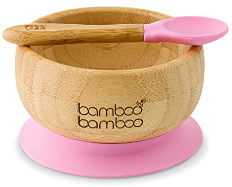 bamboo bamboo Baby Bowl and Spoon Set, Baby Bowls for Weaning, Baby Suction Bowl with Silicone Suction Ring, Toddler Bowls with Baby Spoon, Weaning Bowl for Babies from 6 Months (Pink)