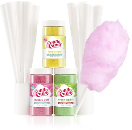 Cotton Candy Express Floss Sugar plus Cones with 3 - 11oz Plastic Jars of Bubble Gum, Green Apple & Pina Colada Flossing Sugars. 50 Paper Cones Included. Use with Cotton Candy Express Machine