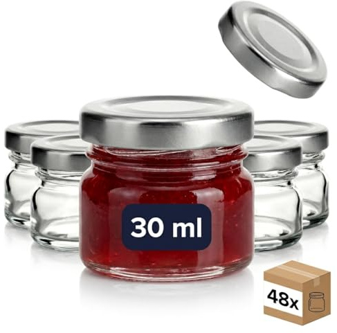 gouveo set da 48 barattoli per conserve mini rotondi (0,03 l) con tappo a vite TO 43 argento vasetti in vetro trasparente per spezie marmellata miele e porzioni prova (EGR030S)