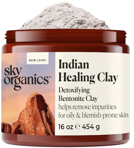 Sky Organics - Argile curative indienne - Poudre d'argile bentonite détoxifiante - Masque exfoliant pour le visage - Nettoyant pour pores - Peaux mixtes et grasses - Naturel, végétalien, 454g