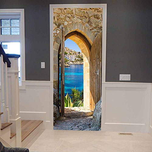 Pegatinas de Puerta en 3D Mural Arco de Piedra Vista al Mar 77x200cm DIY Autoadhesivo Impermeable Papel Tapiz de la Foto Para el Dormitorio Calcomanía Art Decals