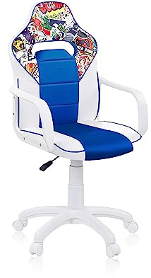 duehome | DRW Sticker, Silla Gamer, Silla de Oficina Gaming Estudio o Escritorio, Acabado en Símil Piel Blanco, Azul y Sticker, Medidas: 46,5 cm (Ancho) x 46 cm (Largo) x 98-109,5 cm (Alto)