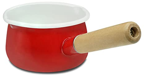 YumCute Home Enamel Milk Pan with Dual Pour Spout Butter Warmer Milk Pot for Stove Top Healthy White Enameled Inside Coating Iron 1QT Small Soup Pot with Wooden Handle Handy Pot (Red)