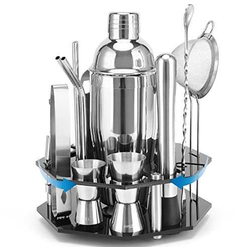 Set di shaker per Cocktail con supporto rotante, acciaio inossidabile durevole, 21 pezzi Kit miscelazione bevande per Barman, colino, Ricette Bar Accessori, Elegante confezione regalo (Argento)