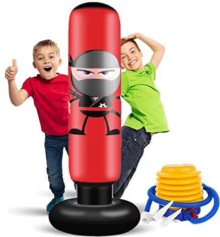 EIVONDA Boxsack Kinder 160cm Aufblasbarer Ninja Punchingball Standboxsack mit Luftpumpe zum Üben Boxen MMA Karate Taekwondo und zum Abbau aufgestauter Energie bei Kindern (Neues Ninja Rot)