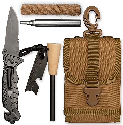 Kit de Survie firesteel -kit Allume feu – Pierre à feu de Survie-Sacoche Militaire-Couteau Pliant-Accessoires pour Camping Randonnée Pêche Chasse survivalisme Bushcraft-Allume Feu Corde de Jute