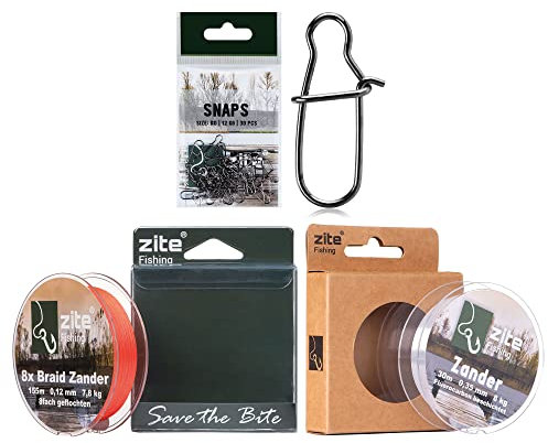 Zite Fishing Zander Angelschnur & Vorfach Set | Zanderschnur 8-Braid Geflochten 0,12mm 155m | 30 Karabiner-Snaps #0 | 30m Fluorocarbon Vorfach-Schnur zum Angeln