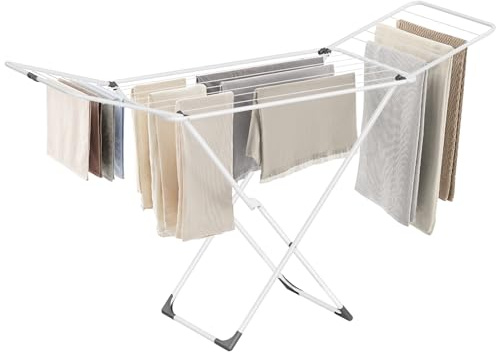 SONGMICS Clothes Drying Rack, Metal Laundry Drying Rack, Foldable, Space-Saving, Free-Standing Airer, with 2 Gullwings, Indoor Outdoor Use, Bed Linen Clothing, White ULLR540W01