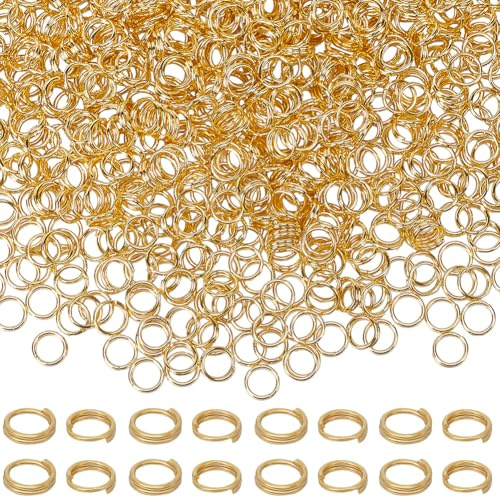 SUNNYCLUE 1 boîte de 1000 Anneaux Fendus Double Boucle 5 mm Dorés, Boucles de Bijoux Rondes en Vrac, Connecteur en Laiton, Mini Anneau en Métal pour la Fabrication de Bijoux, Fournitures de Bricolage