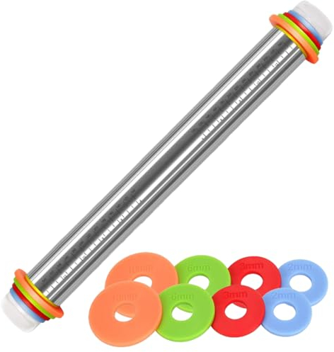 Aililong Mattarello in acciaio inox con spessore dell'impasto regolabile e mattarello in acciaio inox, accessori da forno anti-aderenza, con suddivisione in scala, mattarello da 43,5 cm