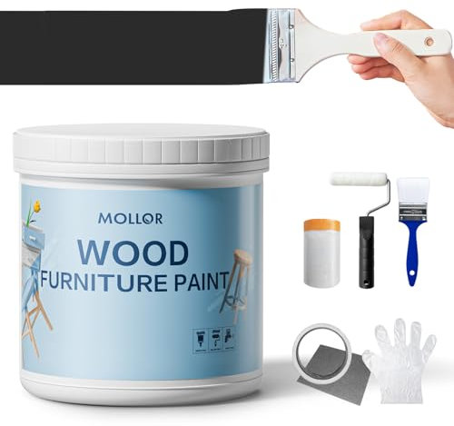 Mollor Peinture Meuble Bois | Idéal pour Rénovation de Meubles | Chalk Paint | Ardoise Craie | Peinture Mur Interieur | Mat et Lavable | 1kg Noir avec des outils