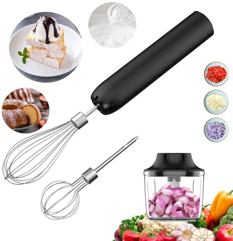 Set Batidora de Mano Eléctrica, Batidora de Varillas, Picadora Eléctrica Mini Recargable, 4 Velocidades, Mezclador, Mini Picadora para Picar, Triturar y Hacer Puré, 300ML