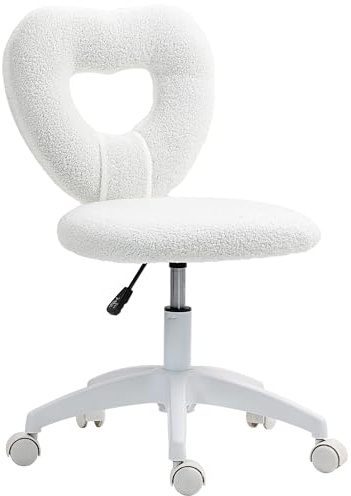 HOMCOM Sedia da Ufficio Imbottita con Schienale a Cuore e Rotelle, Sedia Girevole in Velluto Teddy, Poltrona Moderna per Studio, Camera da Letto, 45x56x78-88 cm, Bianco
