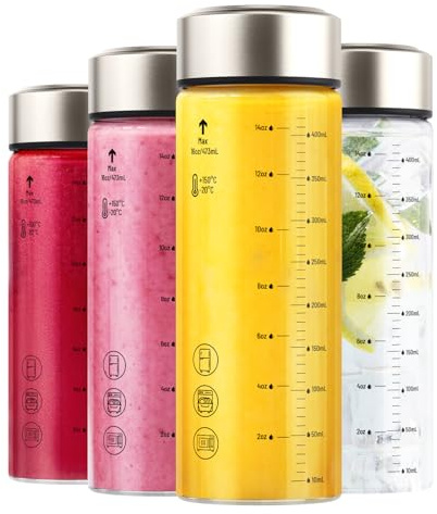 Zukro 16 oz Glass Water Bottles, 4 Pack Reusable Wide Mouth Heat-Resistant Borosilicate Glass Jars with Stainless Steel Lids for Juicing, Smoothie, Protein, Leakproof Juice Bottle, BPA Free