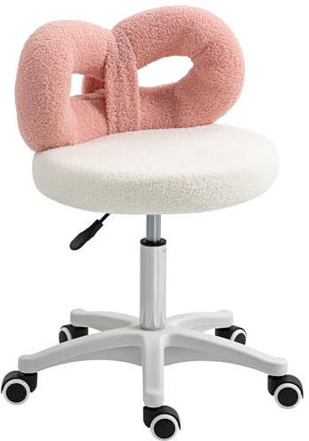 HOMCOM Taburete Giratorio con Respaldo Taburete con Ruedas Altura Regulable 63-77 cm Tapizado en Tejido de Borreguito para Oficina Tocador Salones Talleres SPA Masaje Blanco y Rosa