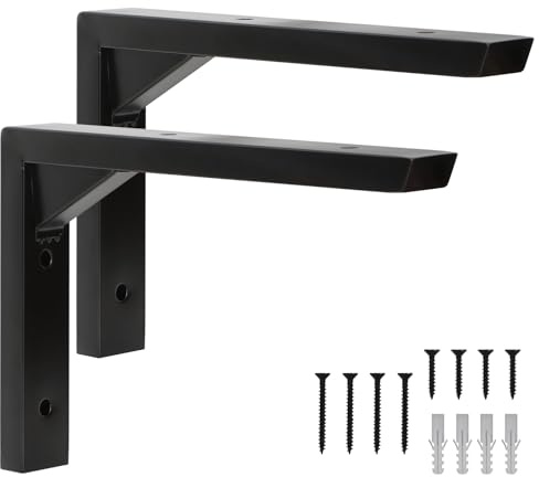 Terafeels 2 Pack Black Scaffold Board Shelf Brackets – Stainless Steel L Shaped Wall Shelf Supports with Triangular Reinforcement, Hollow Design, Screws and Wall Plugs Included 6 Inch