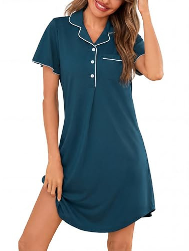 Jahetuul Chemise de Nuit Femme Coton Manches Courtes à Volants Col V avec Poche Classique Pyjama avec Boutons Ouvert Devant Robe de Nuit Été