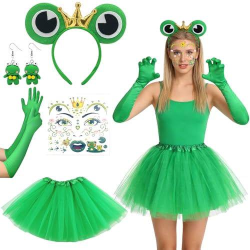 Hpbaggy Costume de grenouille 5 pièces pour adultes et femmes : comprend un serre-tête, des gants, des boucles d’oreilles et des tatouages. Le déguisement idéal, Mardi Gras ou les soirées à thème.