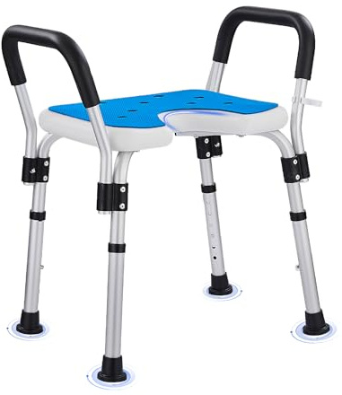 KSITEX U Taburete de Ducha Personas Mayores con Reposabrazos, Taburete Baño Asiento en Silla Ducha Altura Regulable Asiento de Baño para y Discapacitados, Antideslizante para Seguridad hasta 150 kg