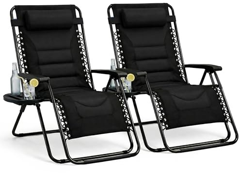 Straame XXL Padded Zero Gravity Chairs Set of 2, Folding Reclining Garden Chairs, Camping Chair Sun Loungers, Lockable 160° Patio Recliners with Adjustable Headrest(Padded, Black)